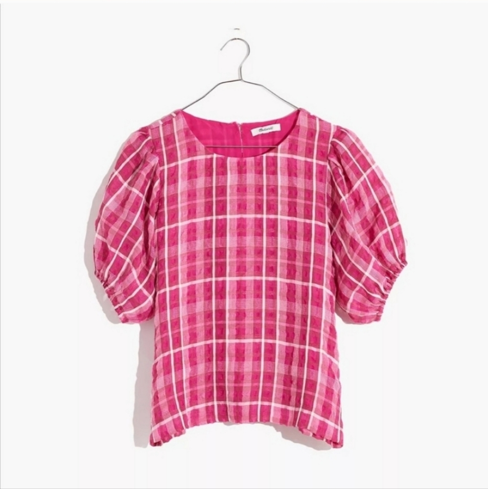 Madewell Plaid Puff-Sleeve Top in Pink